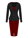 2PCS 1960s Christmas Solid Cardigan & Strap Velvet Dress