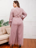 [Plus Size] Pink 1930s Ruffled Mesh Long Sleeves Diamond Jumpsuit