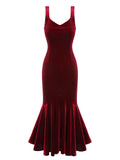 Wine Red 1930s Strap Velvet Mermaid Dress