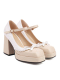 Bowknot Color Matching Square Toe High Heel Shoes