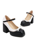 Bowknot Color Matching Square Toe High Heel Shoes