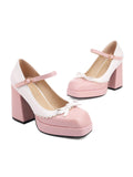 Bowknot Color Matching Square Toe High Heel Shoes