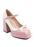 Bowknot Color Matching Square Toe High Heel Shoes