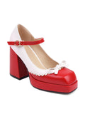 Bowknot Color Matching Square Toe High Heel Shoes