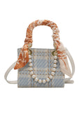 Blue Houndstooth Plaid Pearl Scarf Chain Handbags