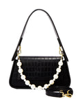 Pearl Chain Imitation Crocodile Leather Shoulder Bag