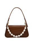 Pearl Chain Imitation Crocodile Leather Shoulder Bag