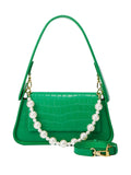Pearl Chain Imitation Crocodile Leather Shoulder Bag