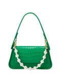 Pearl Chain Imitation Crocodile Leather Shoulder Bag