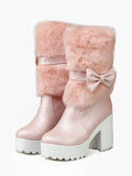 Mid-Calf Bow Decor High Heel Furry Boots