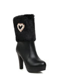 Retro Furry Heart Chunky High Heel Boots