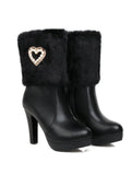 Retro Furry Heart Chunky High Heel Boots