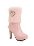 Retro Furry Heart Chunky High Heel Boots