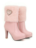 Retro Furry Heart Chunky High Heel Boots