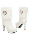 Retro Furry Heart Chunky High Heel Boots