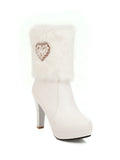 Retro Furry Heart Chunky High Heel Boots