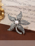 Vintage Silver Rehinestone Pearl Floral Brooch