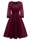 Wine Red 1950s Lace Patchwork Square Neck Dress