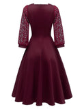 Wine Red 1950s Lace Patchwork Square Neck Dress