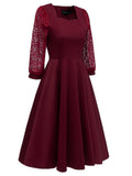 Wine Red 1950s Lace Patchwork Square Neck Dress