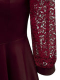Wine Red 1950s Lace Patchwork Square Neck Dress