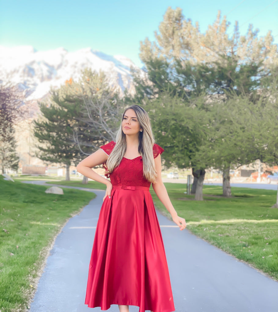 Wine Red 1950s Lace Satin Dress