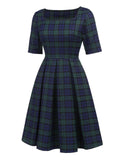 Dark Green 1950s Plaid Square Neck Dress