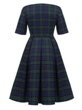 Dark Green 1950s Plaid Square Neck Dress