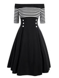 Black 1950s Striped Off Shoulder Dress