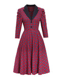 Red 1950s Plaid 3/4 Puff Sleeve Dress