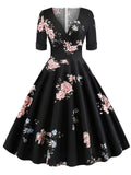 Black 1950s Floral Fold Swing Dress