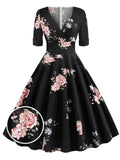Black 1950s Floral Fold Swing Dress