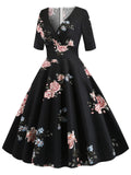 Black 1950s Floral Fold Swing Dress