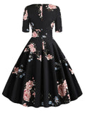 Black 1950s Floral Fold Swing Dress