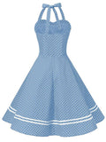Blue 1950s Polka Dot Halter Swing Dress