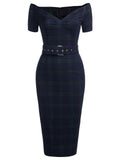 Navy 1960s Plaids Bodycon Dress