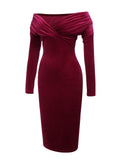 Wine Red 1960s Off Shoulder Velvet Dress
