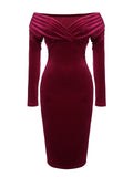 Wine Red 1960s Off Shoulder Velvet Dress