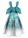 Blue 1950s Off Shoulder Snowflake Dress