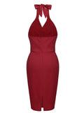 [US Warehouse] Red 1960s Solid Halter Bodycon Dress