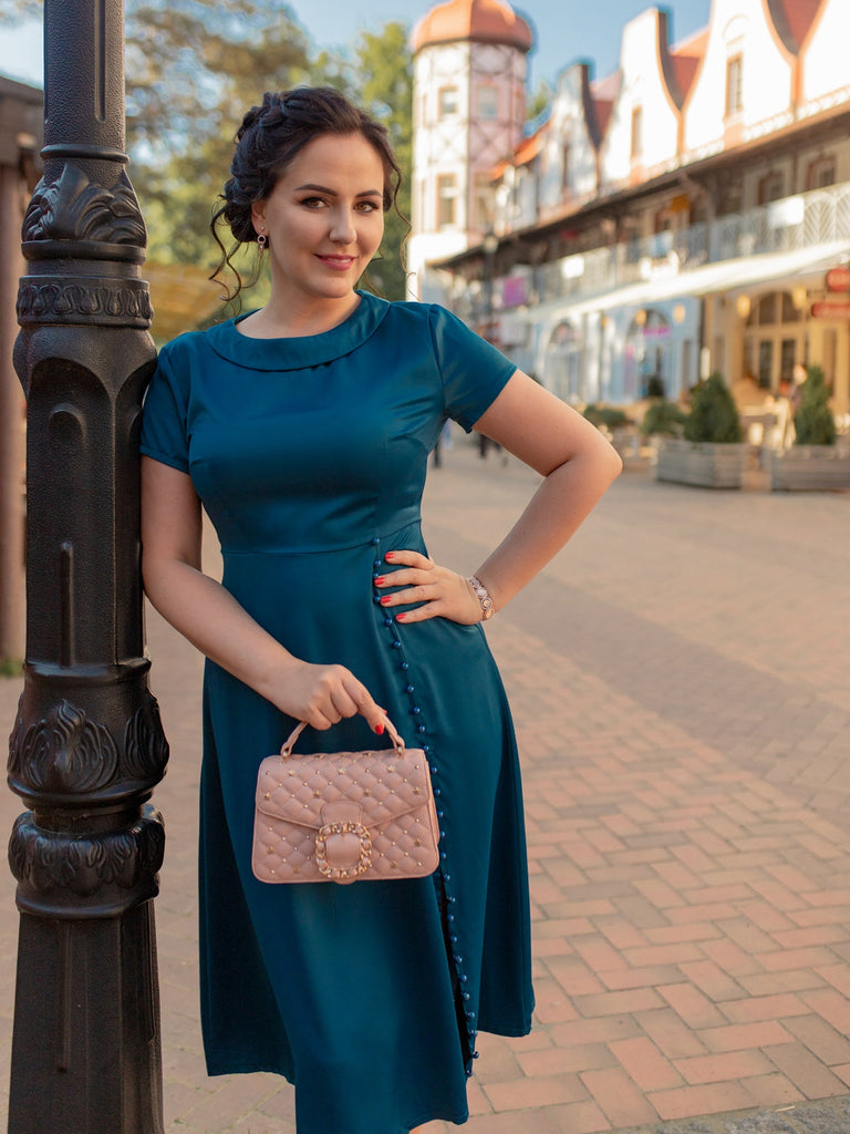 Blue 1940s Pearl Buttons Darlene Dress