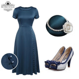 Blue 1940s Pearl Buttons Darlene Dress