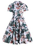 Green 1950s Floral Belted Swing Dress