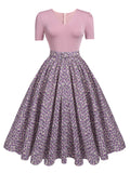 Pink 1950s Floral Belted Swing Dress
