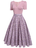 Pink 1950s Floral Belted Swing Dress