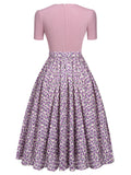 Pink 1950s Floral Belted Swing Dress