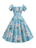 1950s Blue Floral Pleated Swing Dress