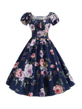 1950s Navy Blue Floral Swing Dress