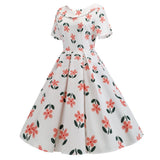 White 1950s Floral Bowknot Swing Dress