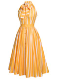 Wine Red 1950s Stripes Bow Swing Dress